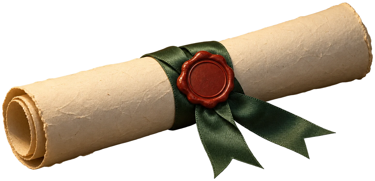 Diploma enrolado, com fita verde e lacre vermelho.